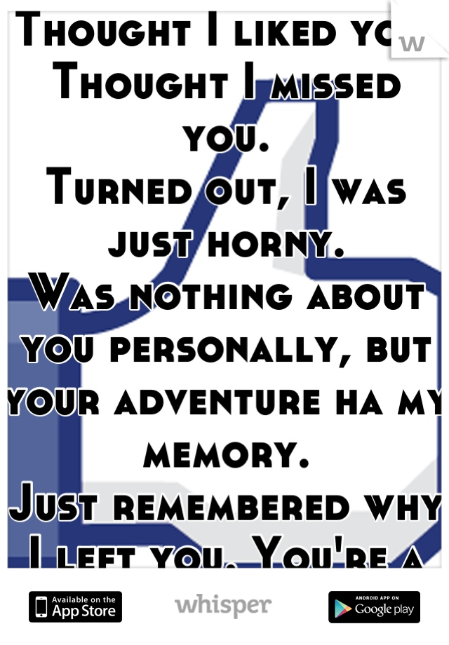 Thought I liked you. 
Thought I missed you. 
Turned out, I was just horny. 
Was nothing about you personally, but your adventure ha my memory. 
Just remembered why I left you. You're a douche. ;)