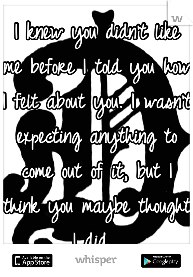 I knew you didn't like me before I told you how I felt about you. I wasn't expecting anything to come out of it, but I think you maybe thought I did. 