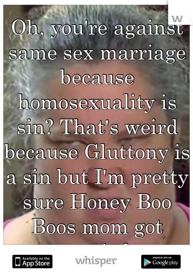 Oh, you're against same sex marriage because homosexuality is sin? That's weird because Gluttony is a sin but I'm pretty sure Honey Boo Boos mom got married..