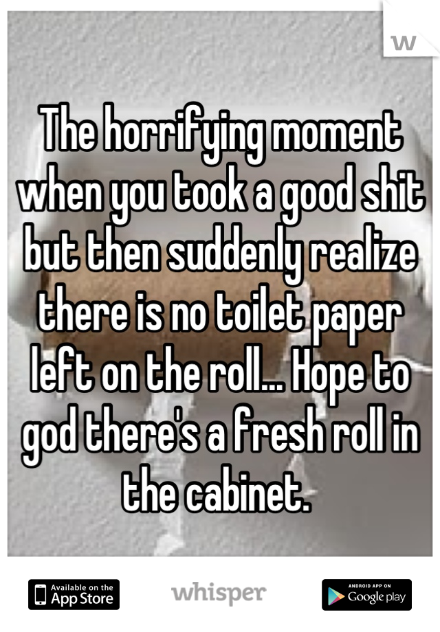 The horrifying moment when you took a good shit but then suddenly realize there is no toilet paper left on the roll... Hope to god there's a fresh roll in the cabinet. 