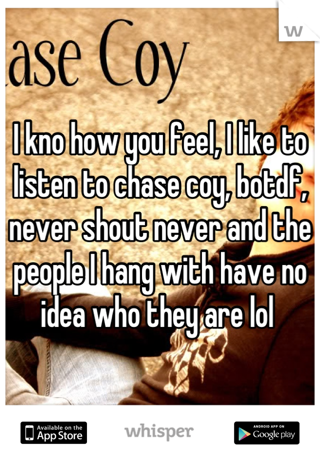 I kno how you feel, I like to listen to chase coy, botdf, never shout never and the people I hang with have no idea who they are lol 