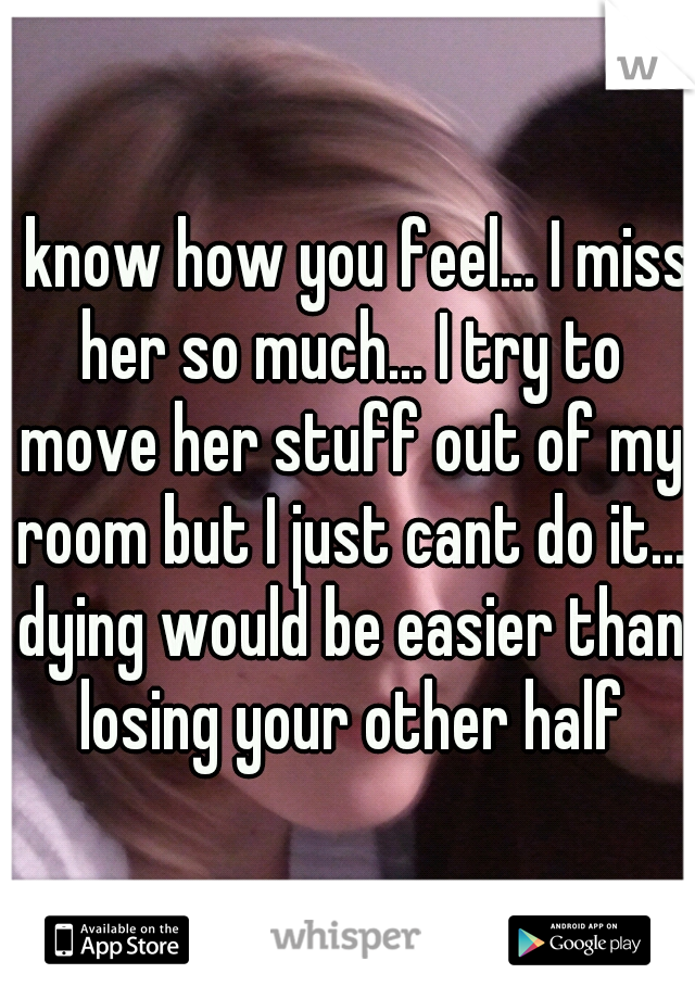 I know how you feel... I miss her so much... I try to move her stuff out of my room but I just cant do it... dying would be easier than losing your other half