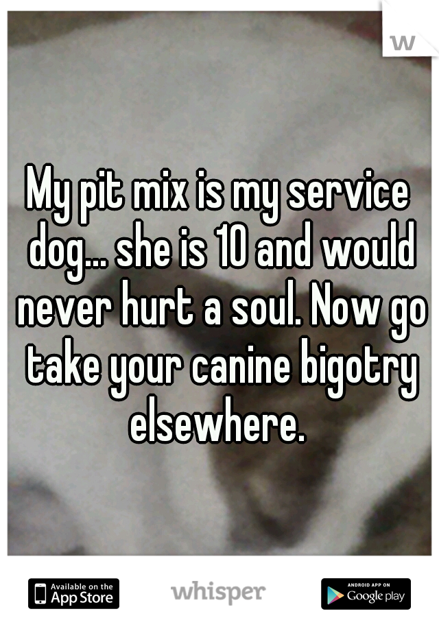 My pit mix is my service dog... she is 10 and would never hurt a soul. Now go take your canine bigotry elsewhere. 