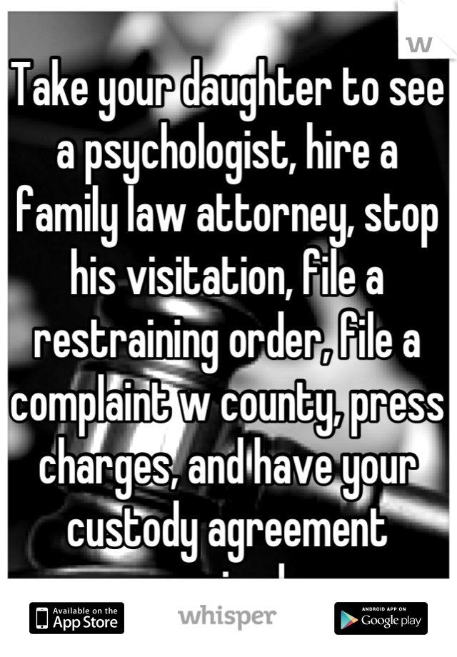 Take your daughter to see a psychologist, hire a family law attorney, stop his visitation, file a restraining order, file a complaint w county, press charges, and have your custody agreement revised.