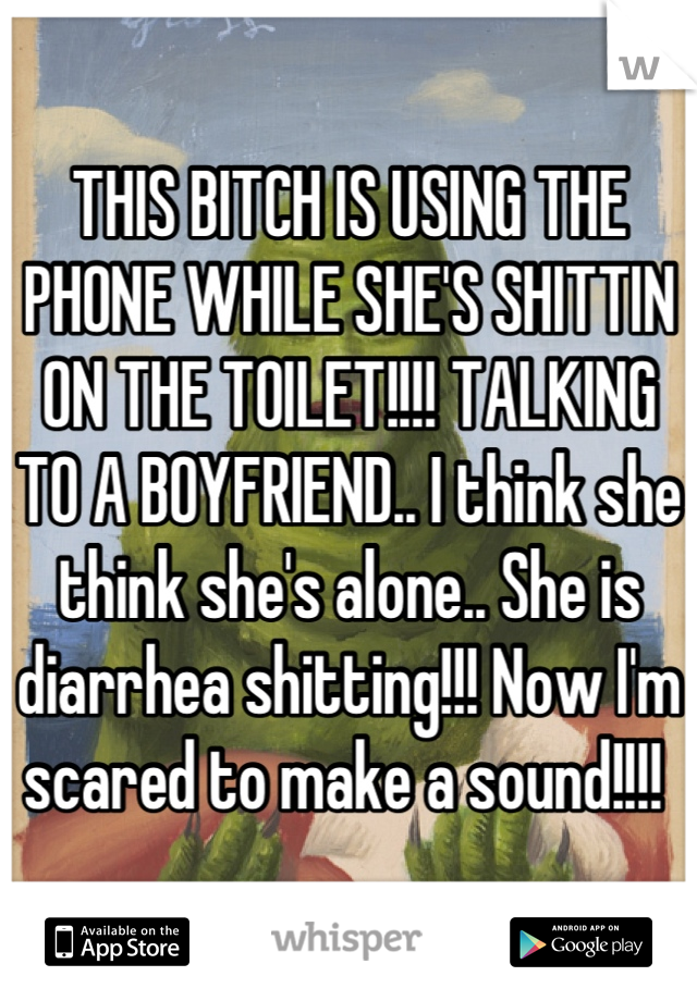 THIS BITCH IS USING THE PHONE WHILE SHE'S SHITTIN ON THE TOILET!!!! TALKING TO A BOYFRIEND.. I think she think she's alone.. She is diarrhea shitting!!! Now I'm scared to make a sound!!!! 