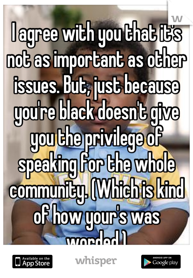 I agree with you that it's not as important as other issues. But, just because you're black doesn't give you the privilege of speaking for the whole community. (Which is kind of how your's was worded.)