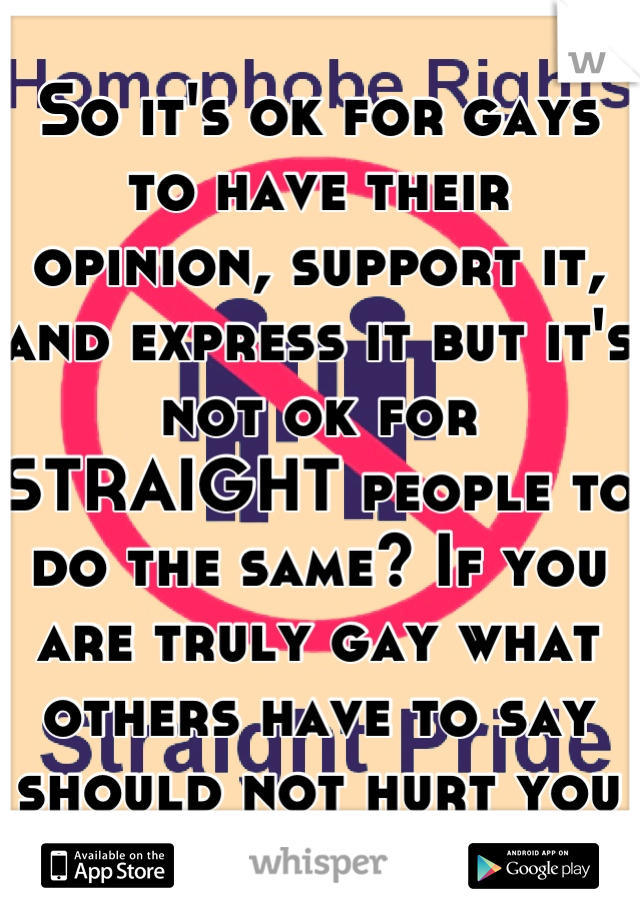 So it's ok for gays to have their opinion, support it, and express it but it's not ok for STRAIGHT people to do the same? If you are truly gay what others have to say should not hurt you or offend you.