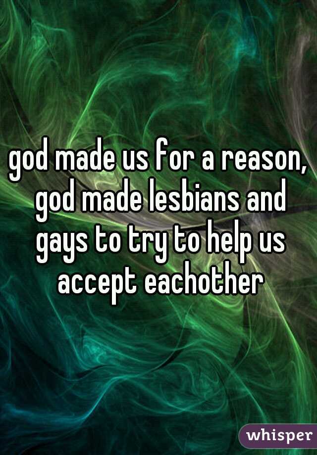 god made us for a reason, god made lesbians and gays to try to help us accept eachother