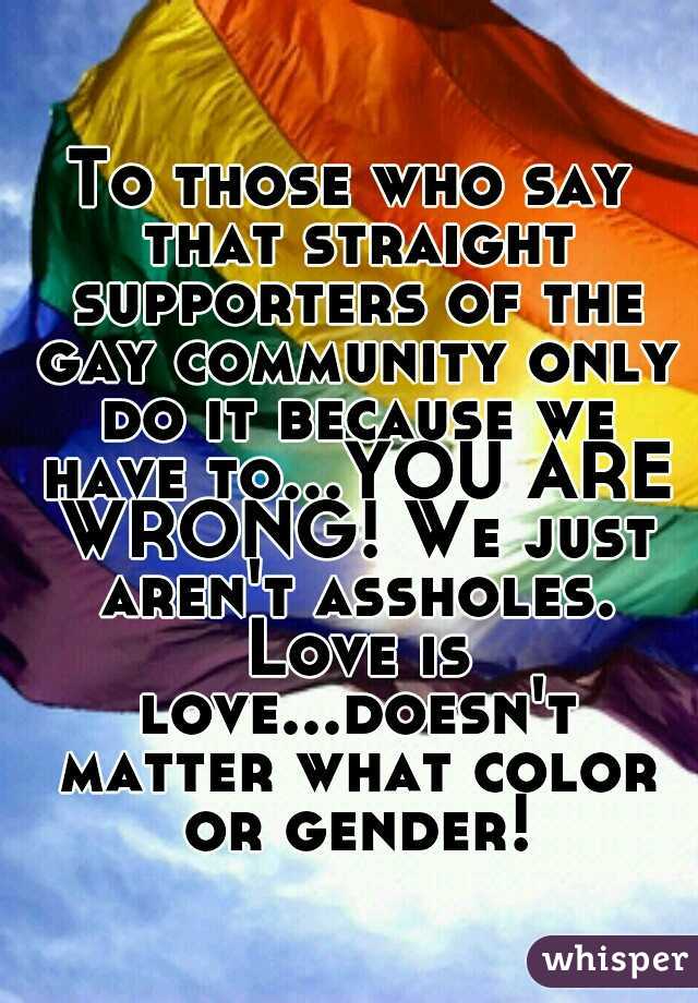 To those who say that straight supporters of the gay community only do it because we have to...YOU ARE WRONG! We just aren't assholes. Love is love...doesn't matter what color or gender!