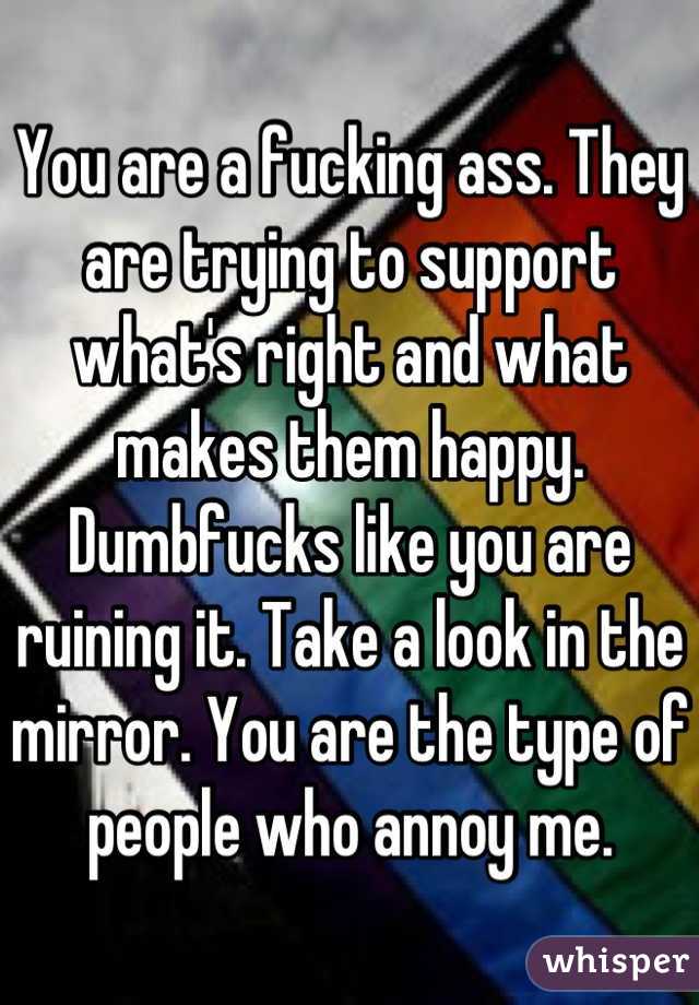 You are a fucking ass. They are trying to support what's right and what makes them happy. Dumbfucks like you are ruining it. Take a look in the mirror. You are the type of people who annoy me.