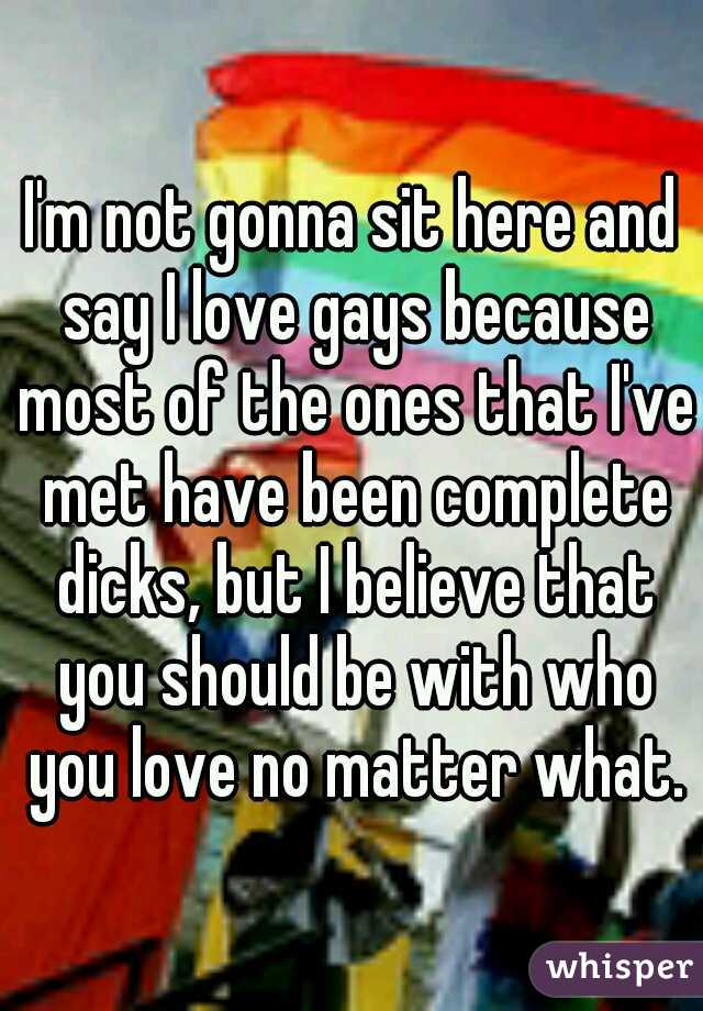 I'm not gonna sit here and say I love gays because most of the ones that I've met have been complete dicks, but I believe that you should be with who you love no matter what.