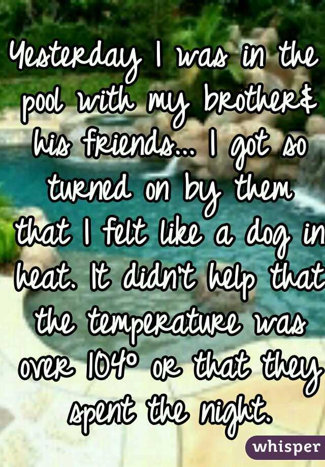 Yesterday I was in the pool with my brother& his friends... I got so turned on by them that I felt like a dog in heat. It didn't help that the temperature was over 104º or that they spent the night.