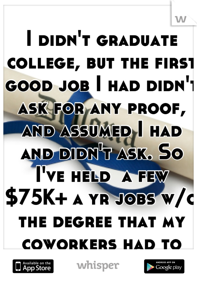 I didn't graduate college, but the first good job I had didn't ask for any proof, and assumed I had and didn't ask. So I've held  a few $75K+ a yr jobs w/o the degree that my coworkers had to get.  