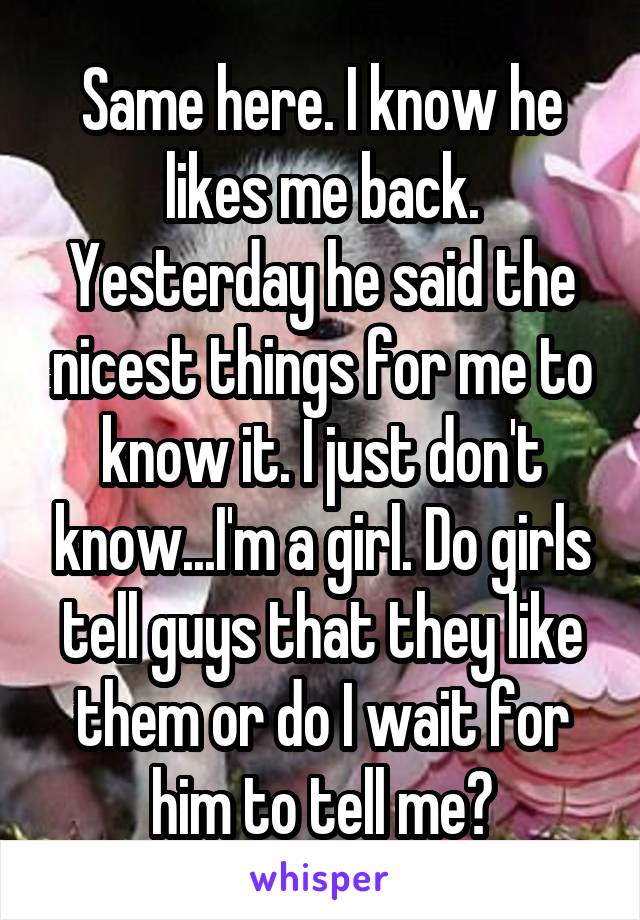 Same here. I know he likes me back. Yesterday he said the nicest things for me to know it. I just don't know...I'm a girl. Do girls tell guys that they like them or do I wait for him to tell me?