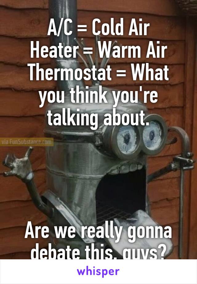 A/C = Cold Air
Heater = Warm Air
Thermostat = What you think you're talking about.




Are we really gonna debate this, guys?