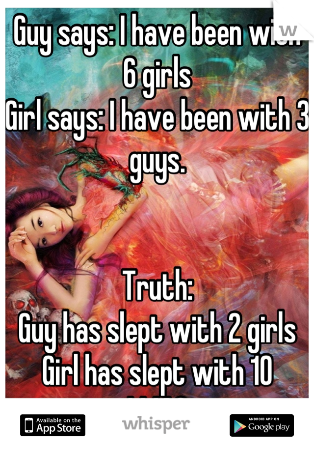 Guy says: I have been with 6 girls
Girl says: I have been with 3 guys.


Truth:
Guy has slept with 2 girls 
Girl has slept with 10
LMAO