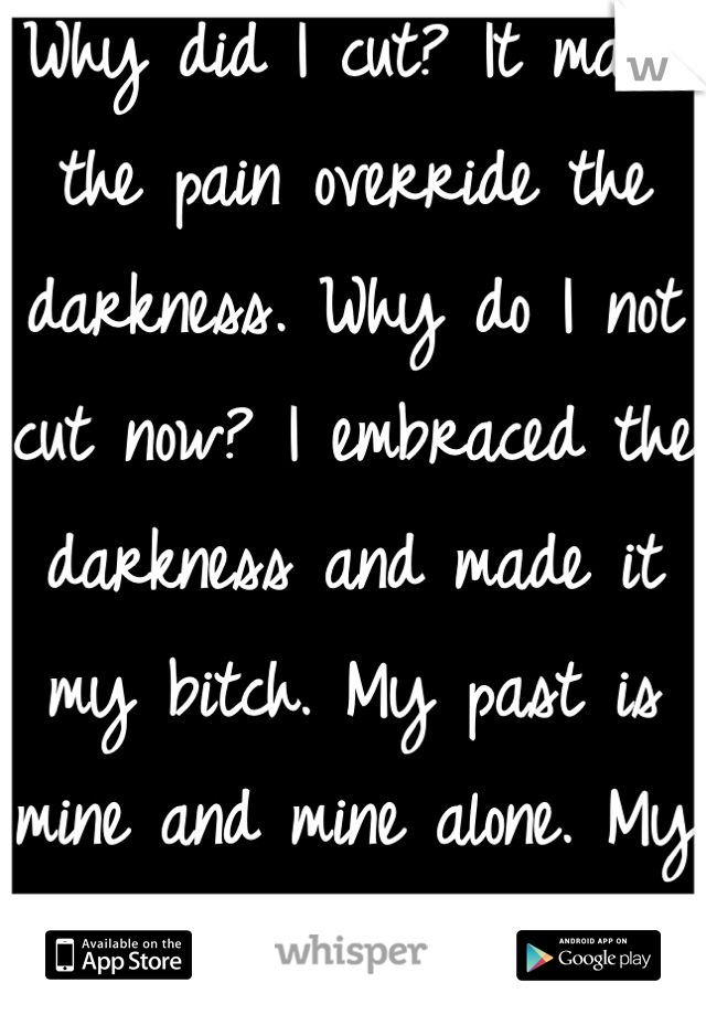 Why did I cut? It made the pain override the darkness. Why do I not cut now? I embraced the darkness and made it my bitch. My past is mine and mine alone. My future is ours. 