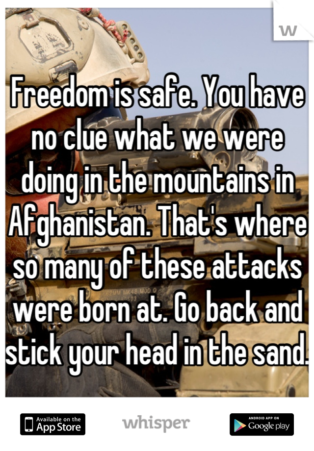 Freedom is safe. You have no clue what we were doing in the mountains in Afghanistan. That's where so many of these attacks were born at. Go back and stick your head in the sand. 