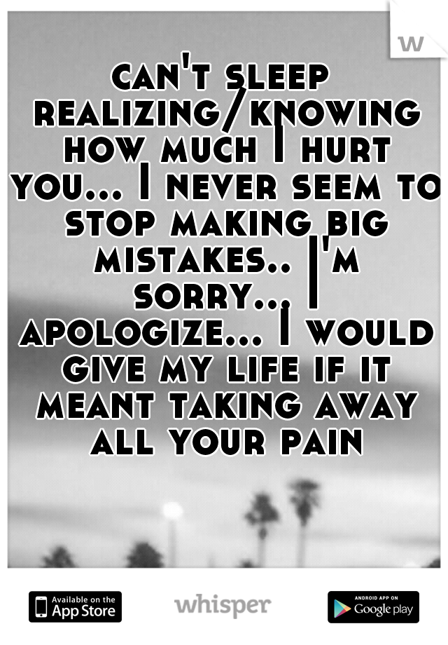 can't sleep realizing/knowing how much I hurt you... I never seem to stop making big mistakes.. I'm sorry... I apologize... I would give my life if it meant taking away all your pain