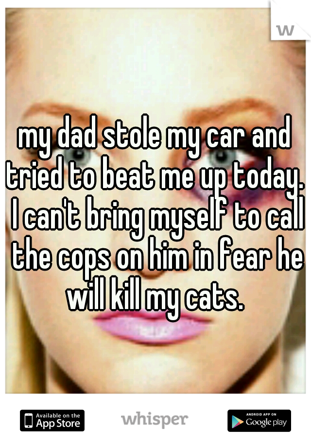my dad stole my car and tried to beat me up today.  I can't bring myself to call the cops on him in fear he will kill my cats. 