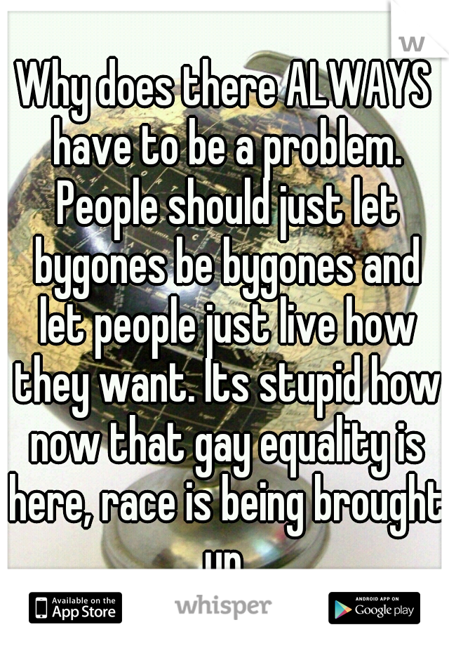 Why does there ALWAYS have to be a problem. People should just let bygones be bygones and let people just live how they want. Its stupid how now that gay equality is here, race is being brought up.