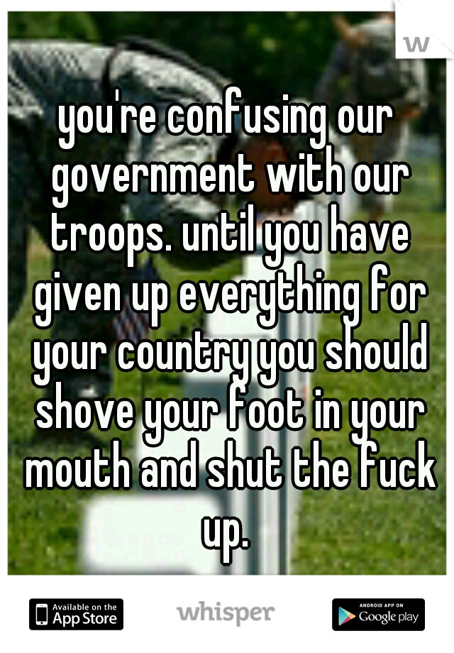 you're confusing our government with our troops. until you have given up everything for your country you should shove your foot in your mouth and shut the fuck up. 