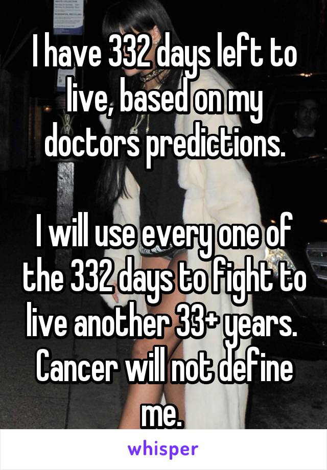 I have 332 days left to live, based on my doctors predictions.

I will use every one of the 332 days to fight to live another 33+ years. 
Cancer will not define me. 