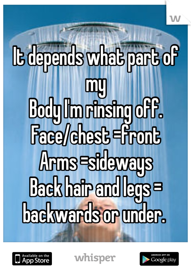 It depends what part of my
Body I'm rinsing off. 
Face/chest =front
Arms =sideways
Back hair and legs = backwards or under. 
