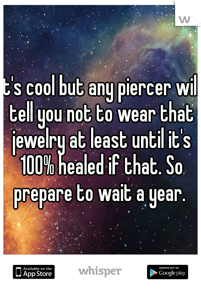 It's cool but any piercer will tell you not to wear that jewelry at least until it's 100% healed if that. So prepare to wait a year. 