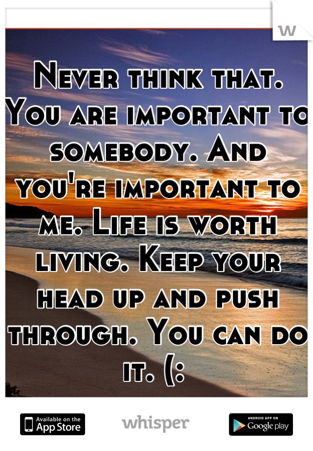 Never think that. You are important to somebody. And you're important to me. Life is worth living. Keep your head up and push through. You can do it. (: 