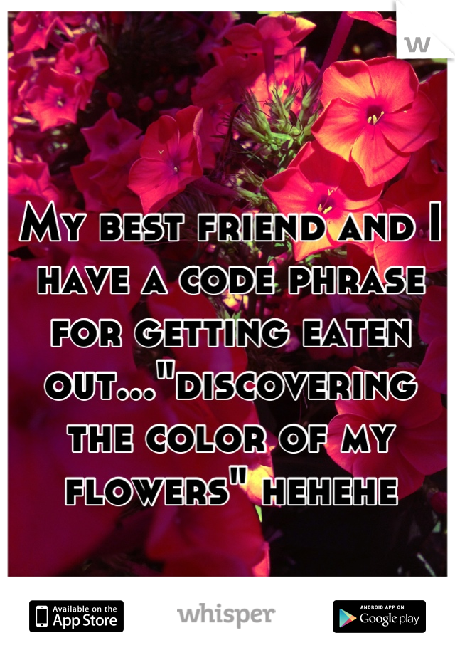 My best friend and I have a code phrase for getting eaten out..."discovering the color of my flowers" hehehe