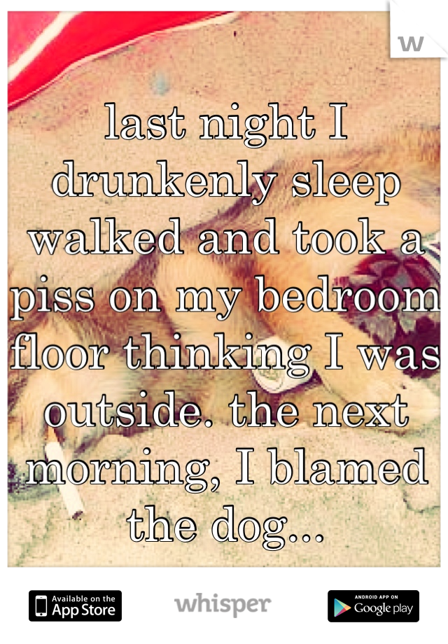 last night I drunkenly sleep walked and took a piss on my bedroom floor thinking I was outside. the next morning, I blamed the dog...