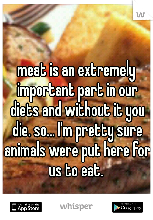 meat is an extremely important part in our diets and without it you die. so... I'm pretty sure animals were put here for us to eat. 