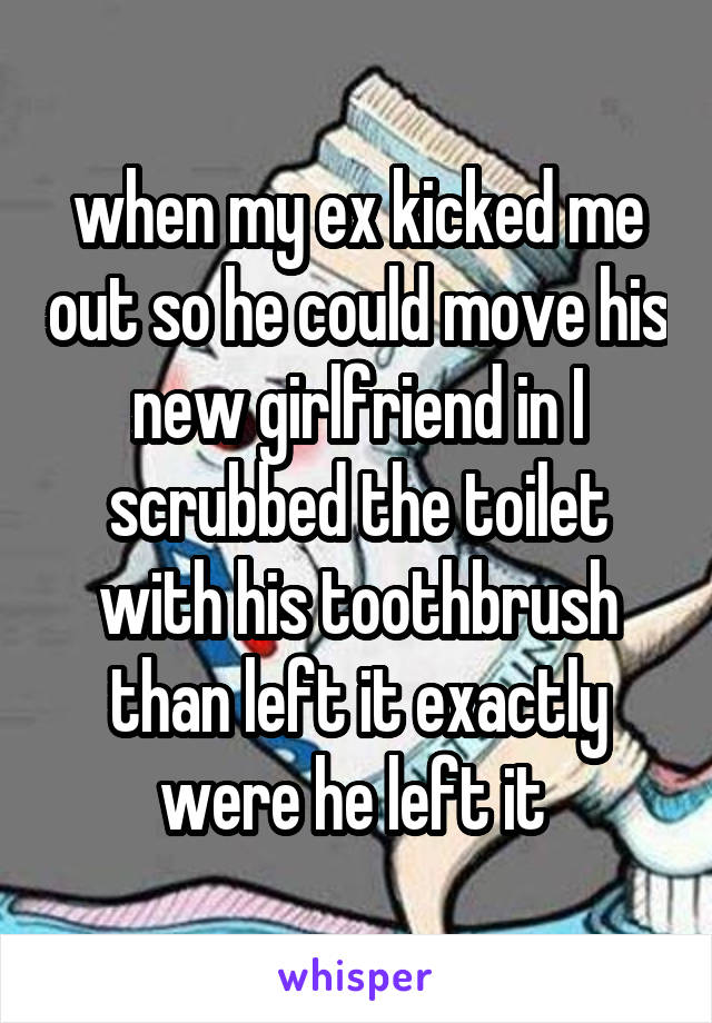 when my ex kicked me out so he could move his new girlfriend in I scrubbed the toilet with his toothbrush than left it exactly were he left it 
