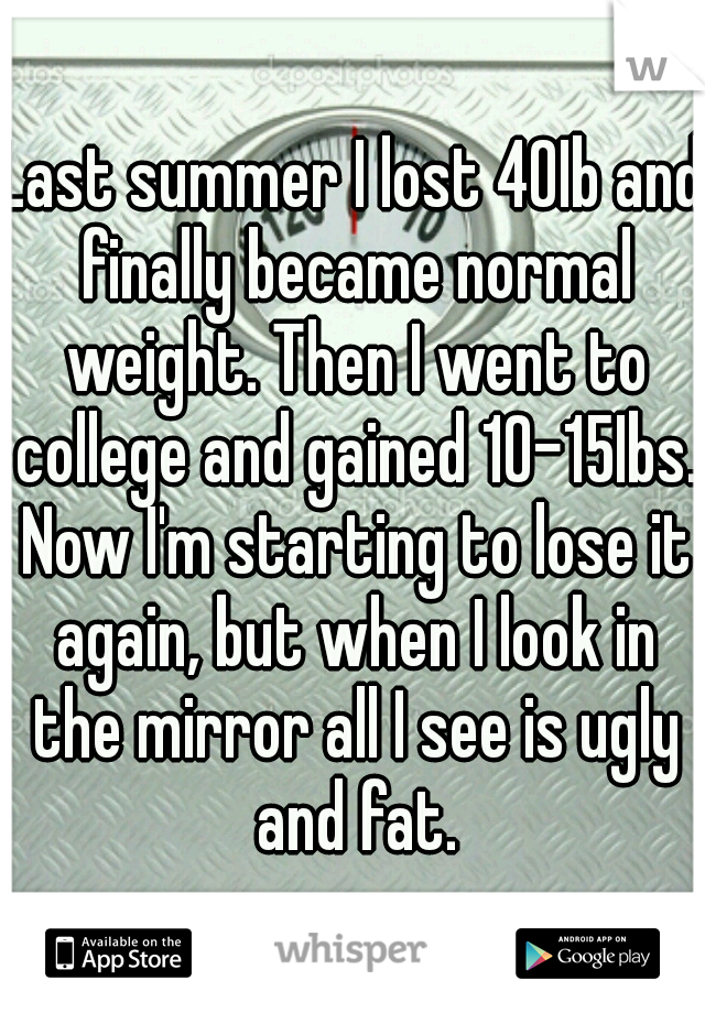 Last summer I lost 40Ib and finally became normal weight. Then I went to college and gained 10-15Ibs. Now I'm starting to lose it again, but when I look in the mirror all I see is ugly and fat.