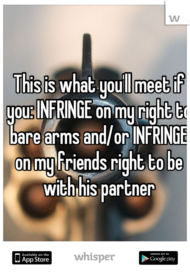 This is what you'll meet if you: INFRINGE on my right to bare arms and/or INFRINGE on my friends right to be with his partner