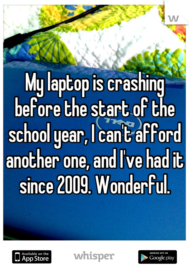 My laptop is crashing before the start of the school year, I can't afford another one, and I've had it since 2009. Wonderful.