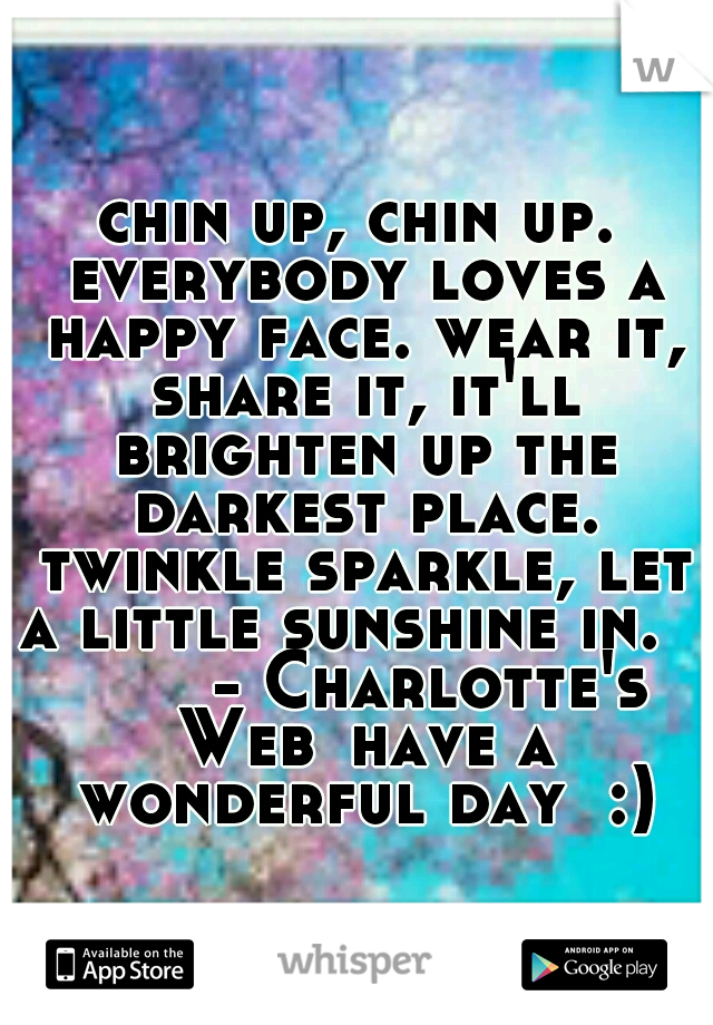 chin up, chin up. everybody loves a happy face. wear it, share it, it'll brighten up the darkest place. twinkle sparkle, let a little sunshine in.
        - Charlotte's Web
have a wonderful day  :)