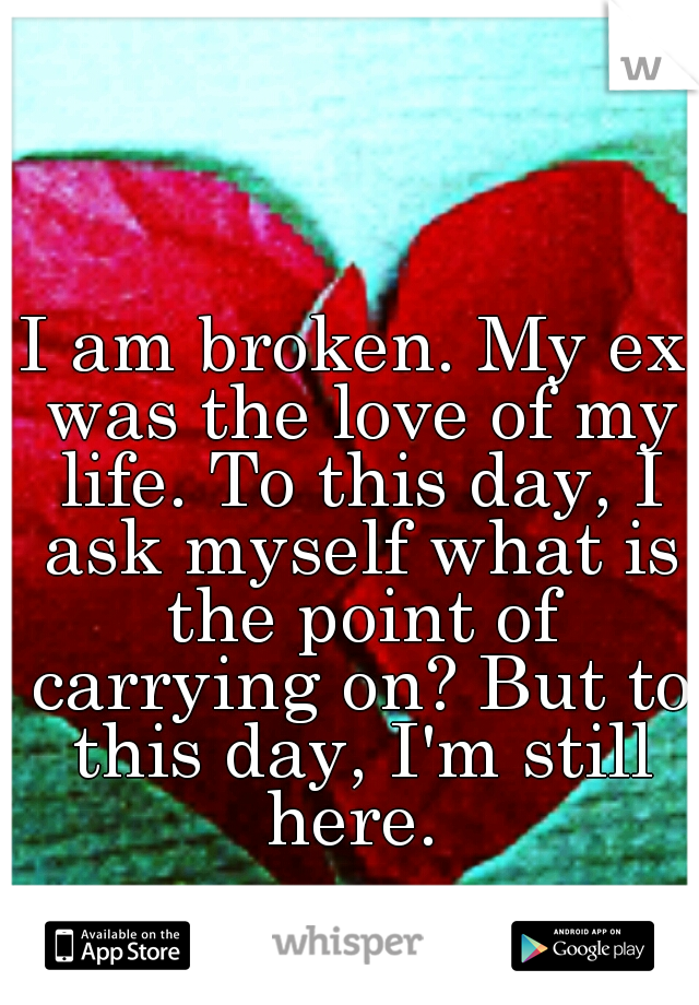 I am broken. My ex was the love of my life. To this day, I ask myself what is the point of carrying on? But to this day, I'm still here. 