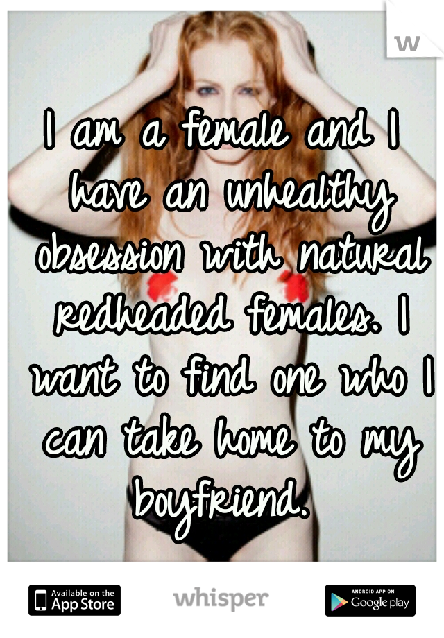 I am a female and I have an unhealthy obsession with natural redheaded females. I want to find one who I can take home to my boyfriend. 