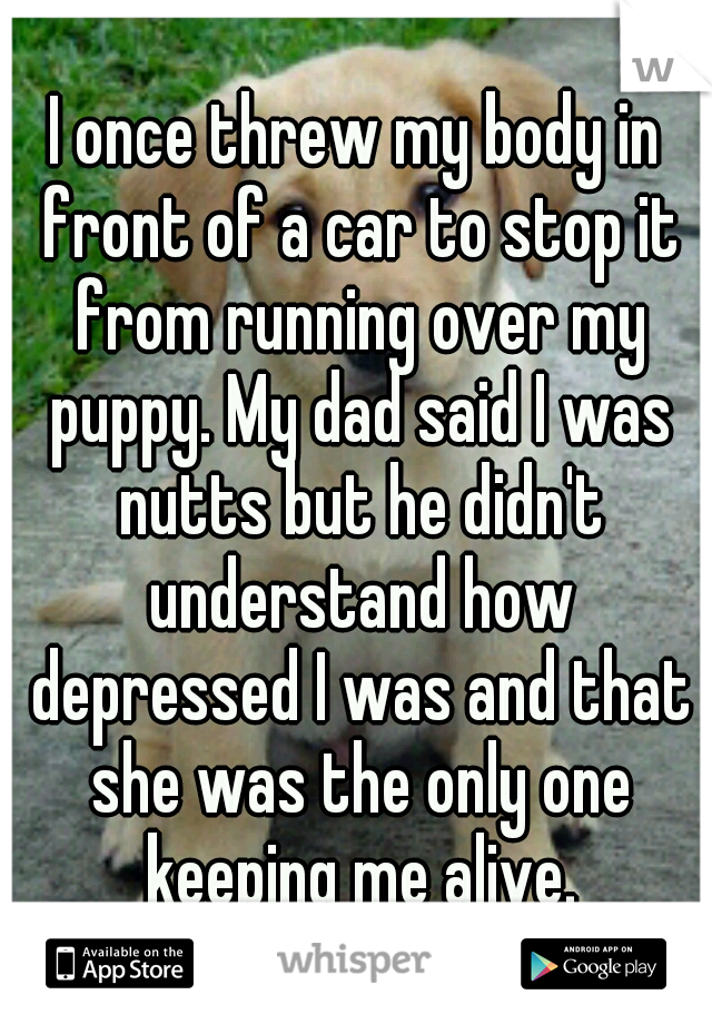I once threw my body in front of a car to stop it from running over my puppy. My dad said I was nutts but he didn't understand how depressed I was and that she was the only one keeping me alive.