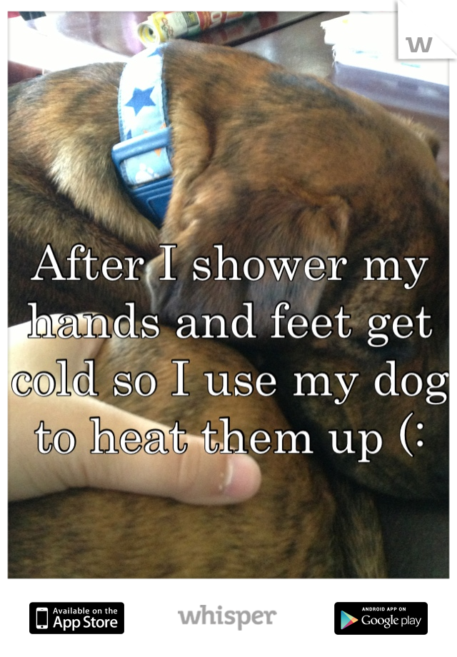 After I shower my hands and feet get cold so I use my dog to heat them up (: