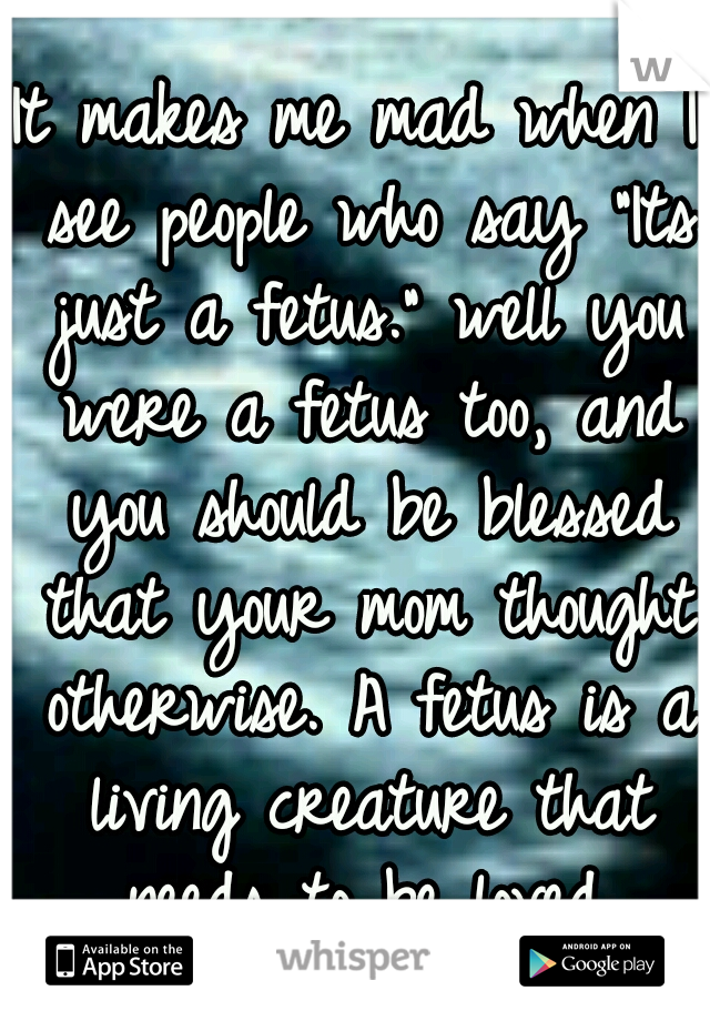 It makes me mad when I see people who say "Its just a fetus." well you were a fetus too, and you should be blessed that your mom thought otherwise. A fetus is a living creature that needs to be loved.