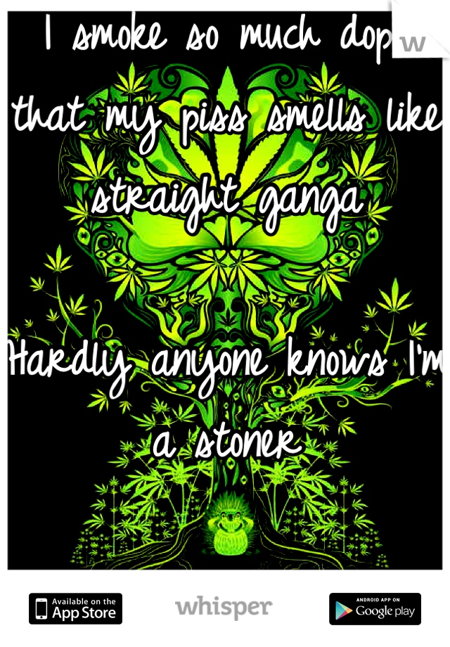 I smoke so much dope that my piss smells like straight ganga

Hardly anyone knows I'm a stoner

I love it ;D