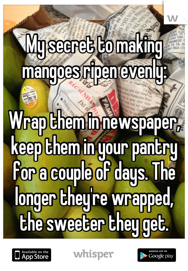My secret to making mangoes ripen evenly:

Wrap them in newspaper, keep them in your pantry for a couple of days. The longer they're wrapped, the sweeter they get.