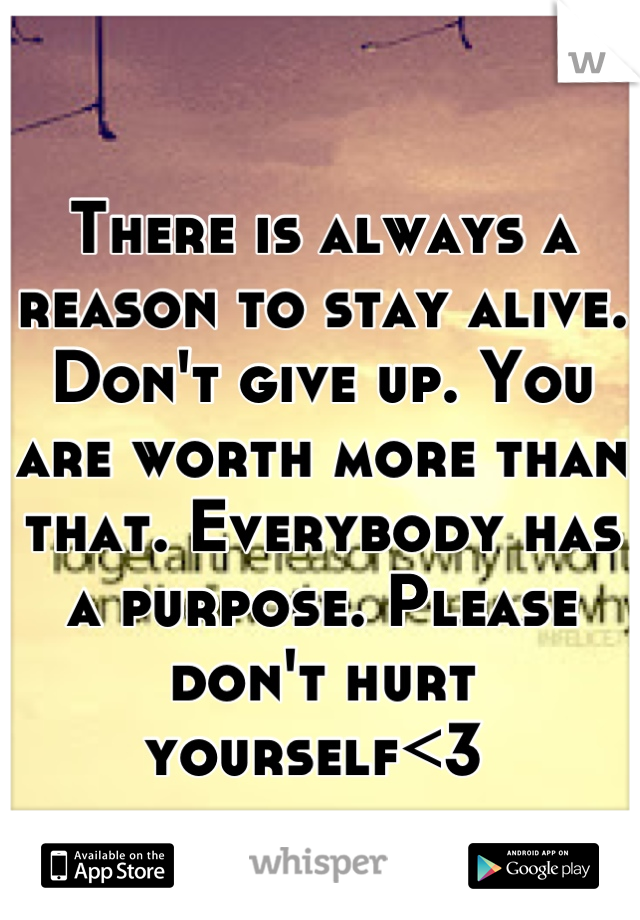 There is always a reason to stay alive. Don't give up. You are worth more than that. Everybody has a purpose. Please don't hurt yourself<3 