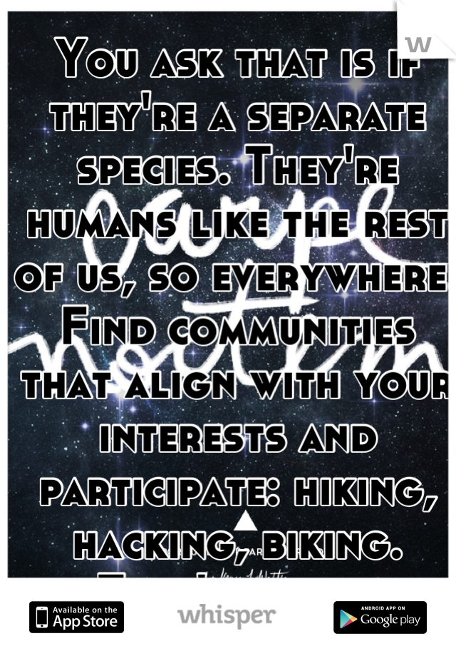 You ask that is if they're a separate species. They're humans like the rest of us, so everywhere.
Find communities that align with your interests and participate: hiking, hacking, biking. That's where.