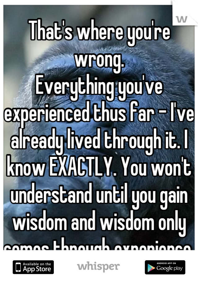 That's where you're wrong.
Everything you've experienced thus far - I've already lived through it. I know EXACTLY. You won't understand until you gain wisdom and wisdom only comes through experience.