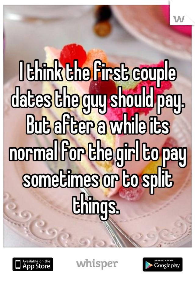 I think the first couple dates the guy should pay. But after a while its normal for the girl to pay sometimes or to split things. 