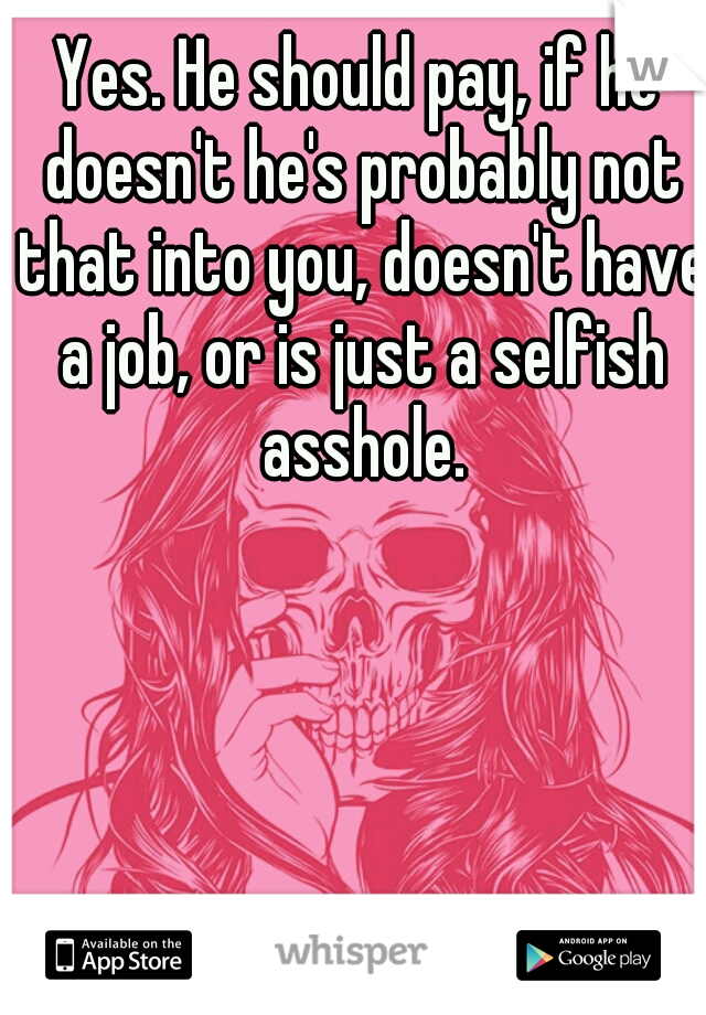 Yes. He should pay, if he doesn't he's probably not that into you, doesn't have a job, or is just a selfish asshole.